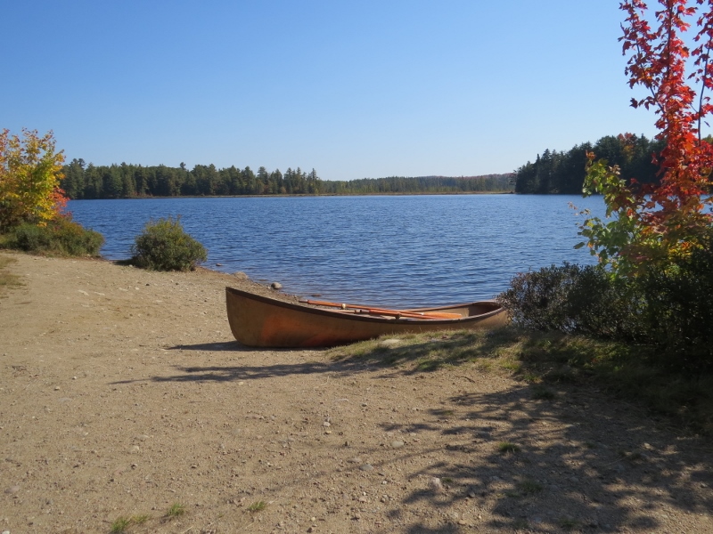 Guide boat at the canoe take-out along Hitchins Pond