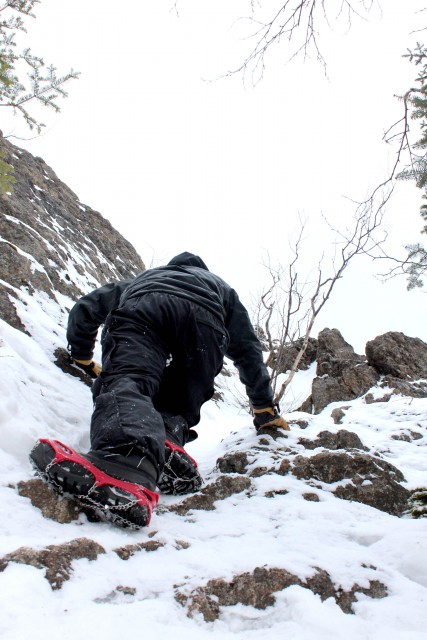 Attempting to climb Jay's steep "Hillary Step."