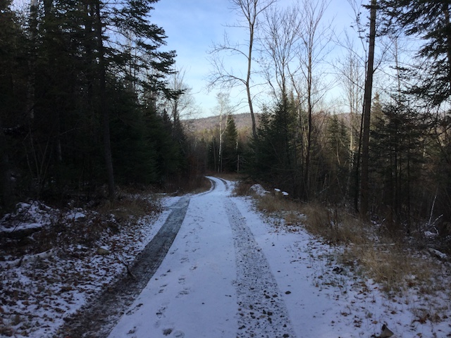 On the right, track dusted with snow, showing the remains of pebbles and gravel. On the left, a slick of ice. Pick the right side.