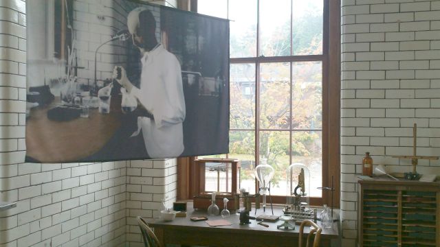 A photo of Dr. Trudeau is displayed in his actual laboratory, restored as a museum. A photo of Dr. Trudeau is displayed in his actual laboratory, restored as a museum.