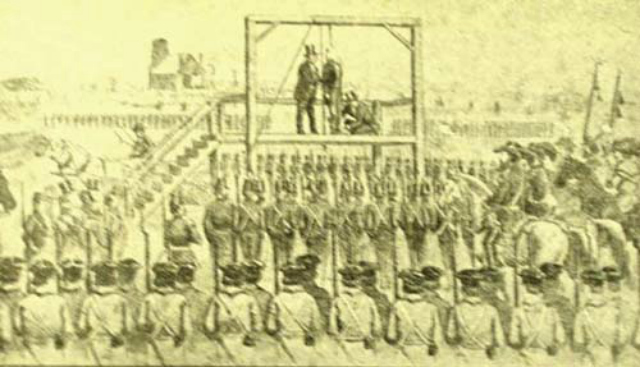David Hunter Strother's famous drawing of John Brown on the scaffold (Detail from John Brown and his Men, by Richard J. Hinton) David Hunter Strother's famous drawing of John Brown on the scaffold (Detail from John Brown and his Men, by Richard J. Hinton)