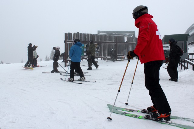 Luke gets ready to do a patrol run down Excelsior from the summit of Little Whiteface.