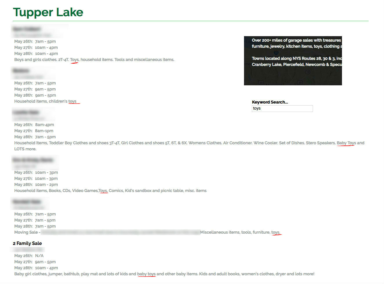 Entering "toys" in the search box gives us all the sales which have toys.