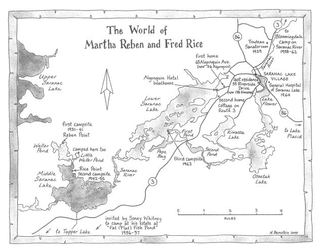Map of the various destinations Martha & Fred would share - map by Nancy Bernstein. Source: Historic Saranac Lake. Map of the various destinations Martha & Fred would share - map by Nancy Bernstein. Source: Historic Saranac Lake.