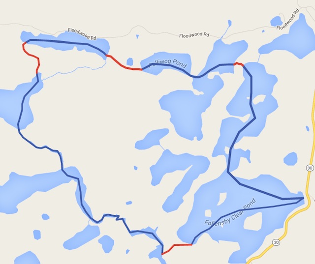 A map containing the full loop of Follensby Clear Pond and surrounding ponds.