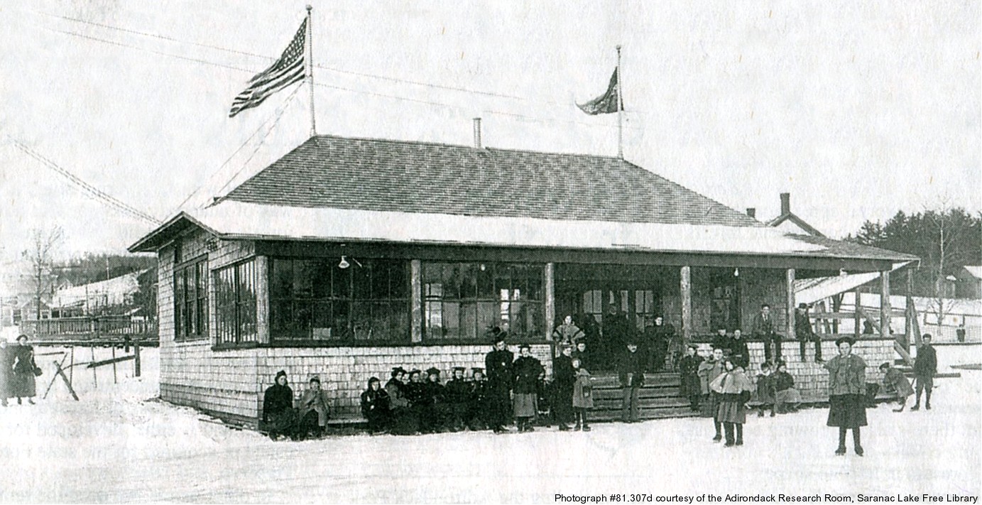 The Pontiac Club House was located in what is now the park across River Street from the foot of Franklin Avenue, roughly the location of the Ice Palace today. Photo courtesy of Saranac Lake Historical Society. The Pontiac Club House was located in what is now the park across River Street from the foot of Franklin Avenue, roughly the location of the Ice Palace today. Photo courtesy of Saranac Lake Historical Society.