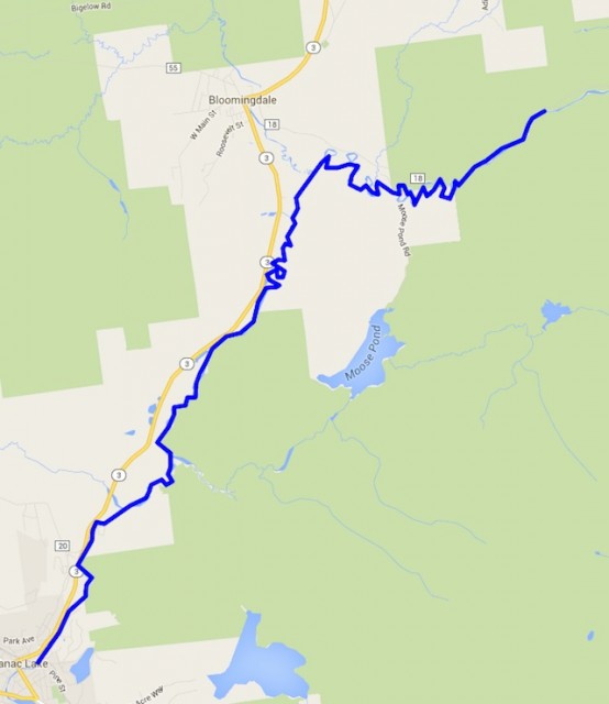 Map showing the paddling route in the Saranac River starting in Saranac Lake and ending in Bloomingdale, NY