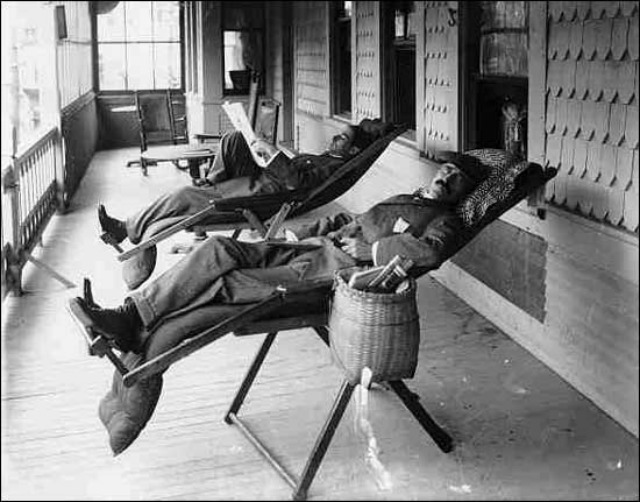 Patients gamely try to relax in their mattress-over-deckchair arrangement. (Note the Adirondack packbasket in foreground.)