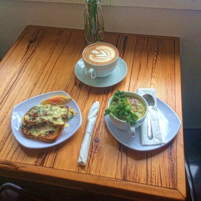 light, and delightful, fare: open-face grilled cheese with bacon and Dijon (l) chicken chili verde with avocado slices (r) cayenne mocha coffee (top) light, and delightful, fare: open-face grilled cheese with bacon and Dijon (l) chicken chili verde with avocado slices (r) cayenne mocha coffee (top)