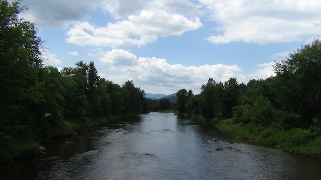 From Jay to Upper Jay, the river becomes full of overhanging trees and dark, deep, water.
