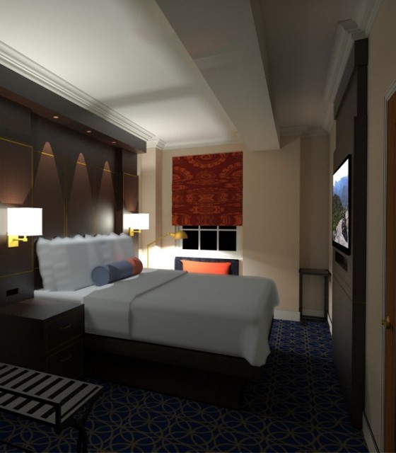 Rich reds, oranges and yellows captures what Pollio calls “the feel of Saranac.” The artwork incorporates native symbols found in the beams of the hotel’s Grand Hall, and the floor to ceiling headboards give the room stylish flair. (photo courtesy RSJ Associates)