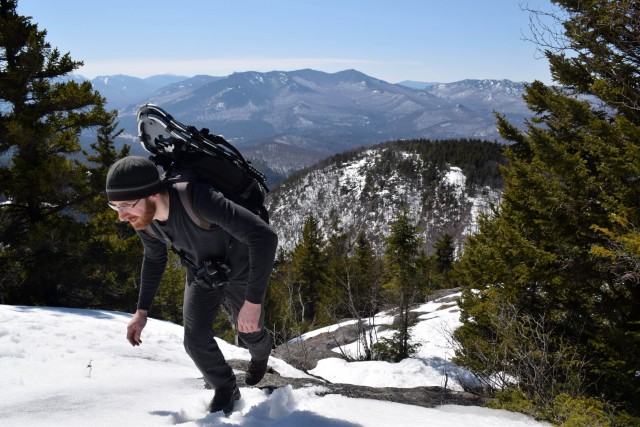Gabe shed his heavier layers as we ascended the Crows on a mild winter day.