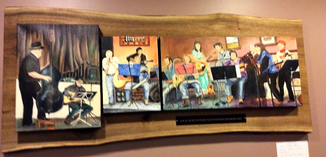 The lobby is an intermission gathering place and a gallery space for art.