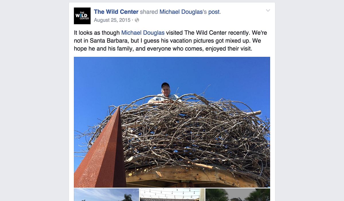 The Wild Center's Facebook post from August 2015 showing actor, Michael Douglas, enjoying the view from eagles nest on the newly opened Wild Walk.