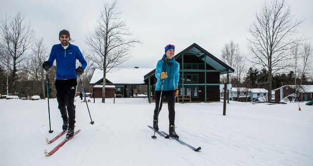 Geared up and setting out. Cross country skiing is a great workout, and we don't usually get chilly. Geared up and setting out. Cross country skiing is a great workout, and we don't usually get chilly.