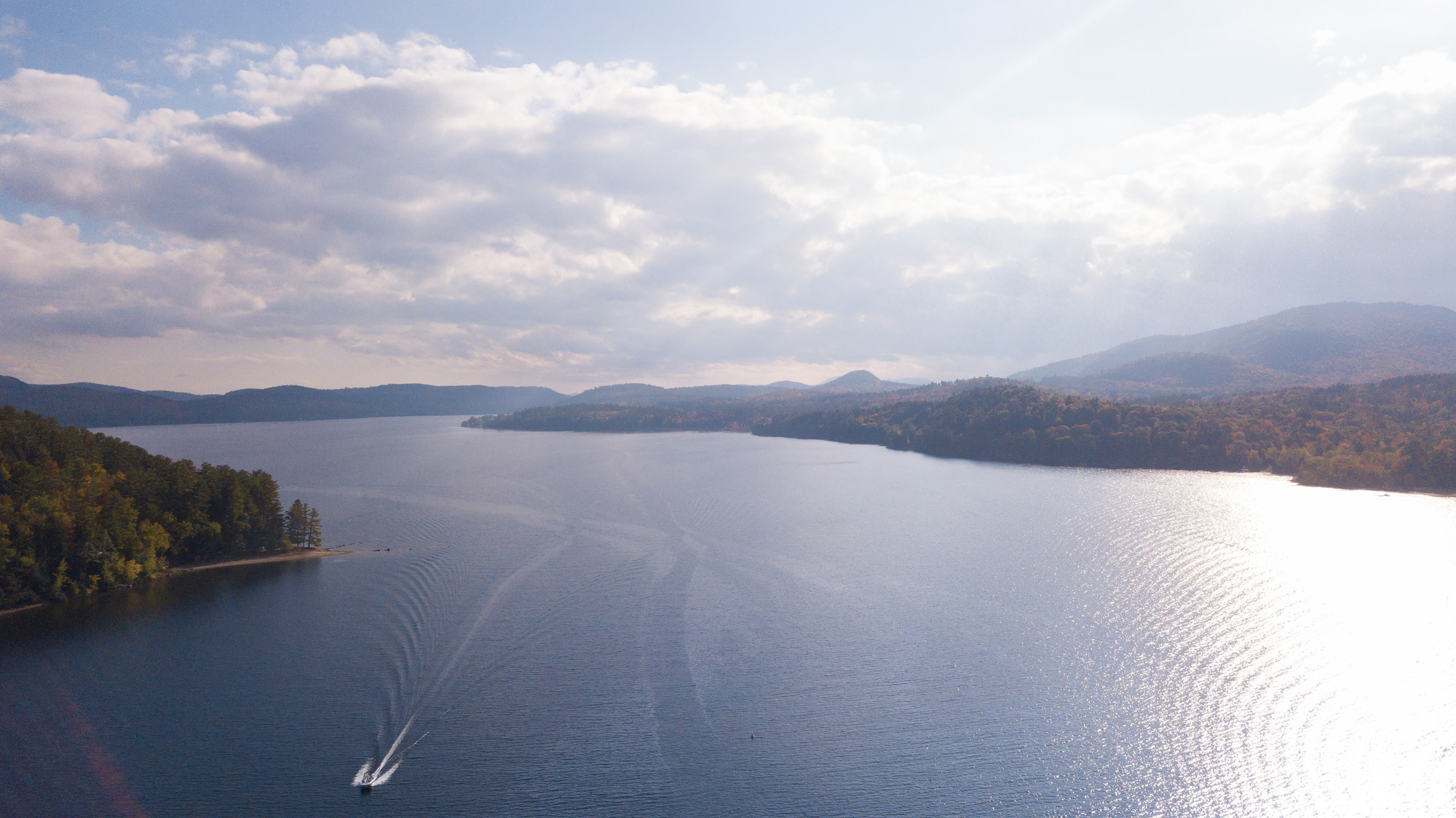 Aerial view of Schroon Lake in the fall