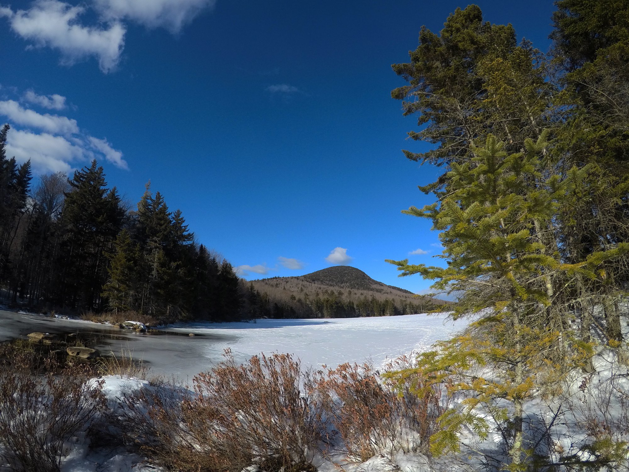 A winter view across a frozen lake with one mountain in the background.