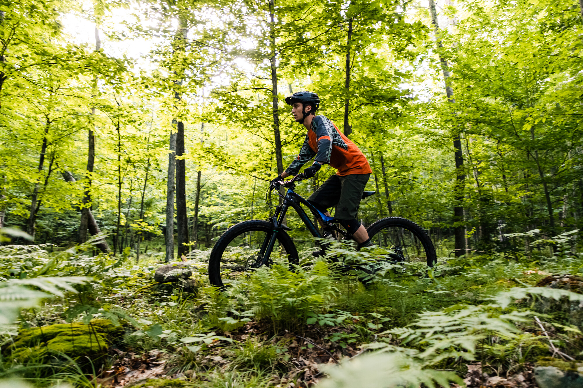 a man bikes through tall grass. 