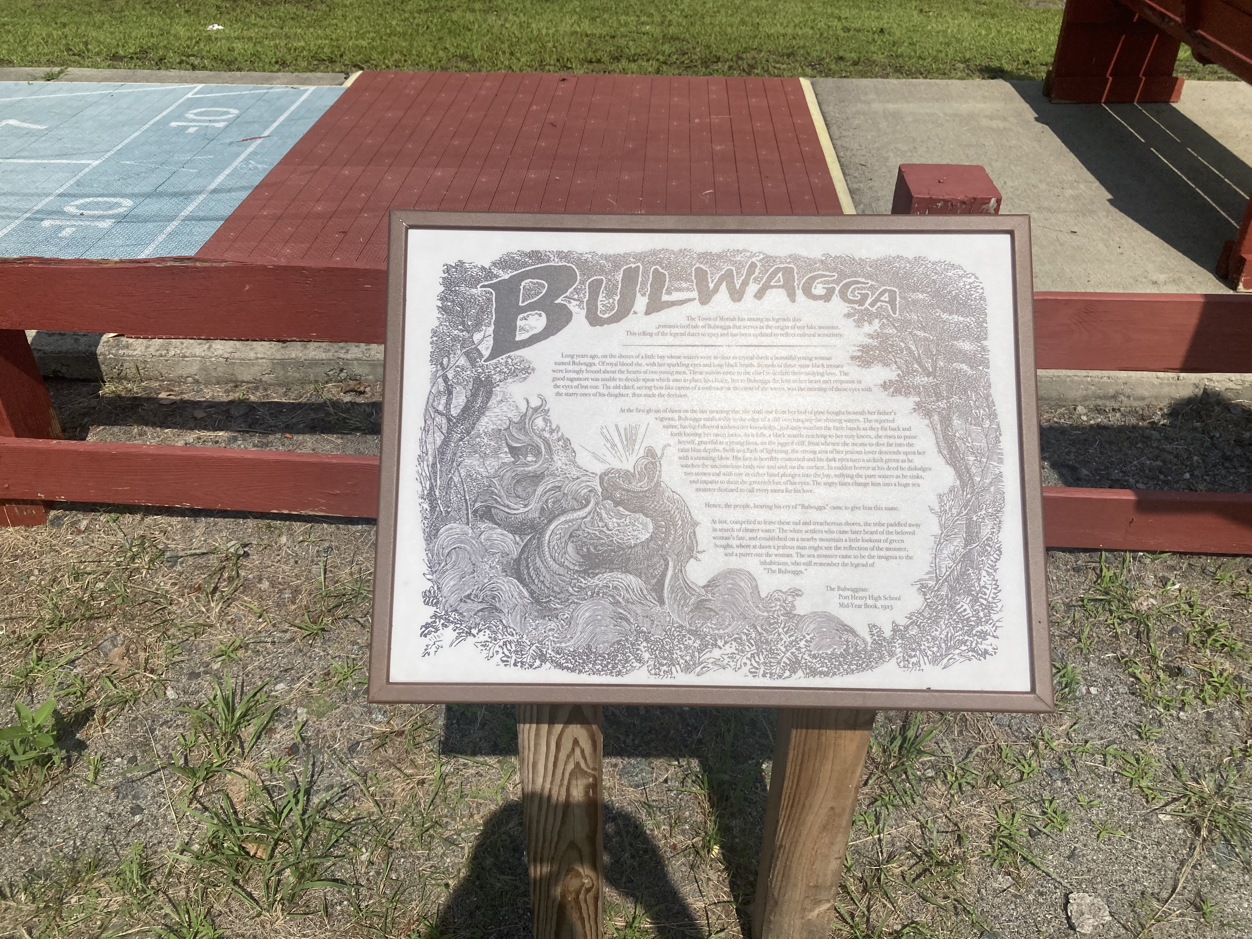 A Champ the Lake Monster sign at Bulwagga Campground.