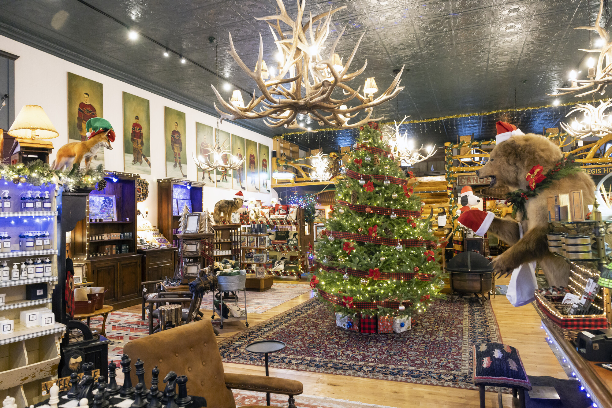 The interior of an Adirondack-style shop.