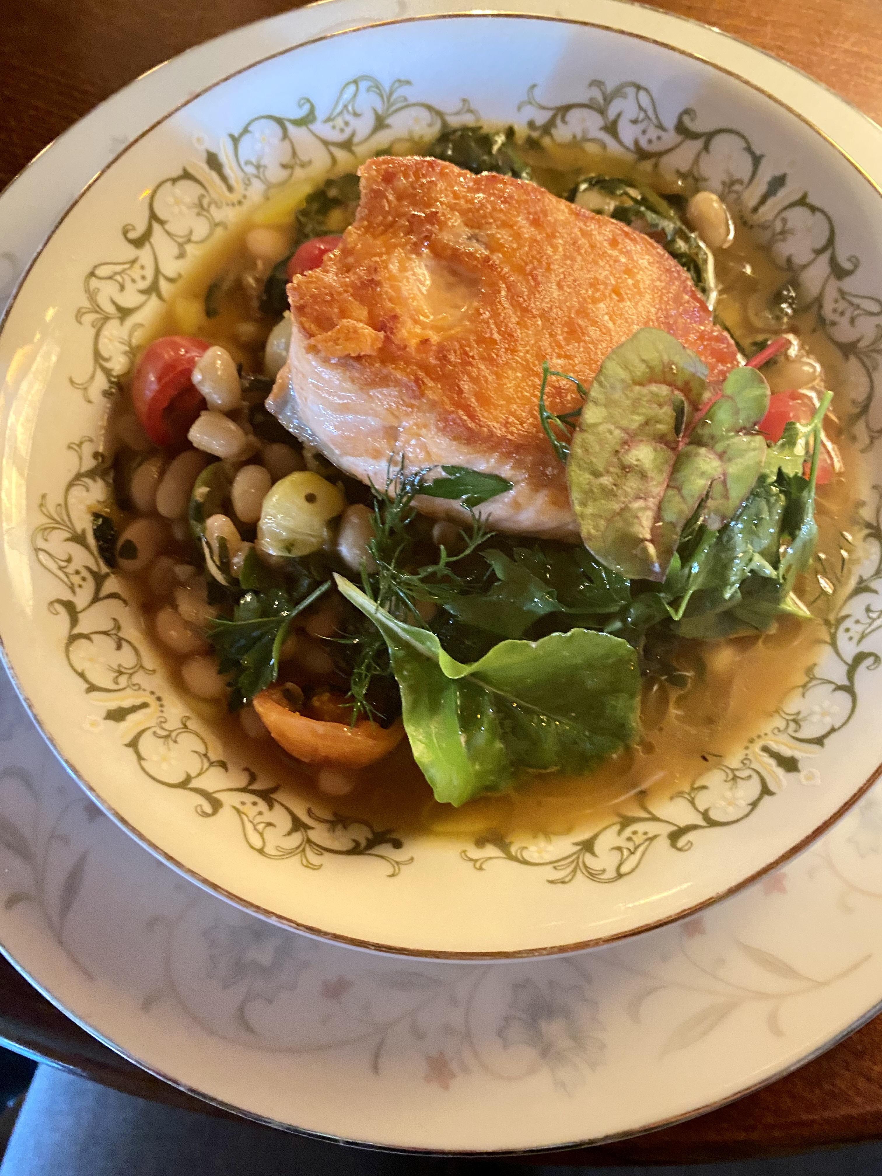 trout filet plated on a vintage plate