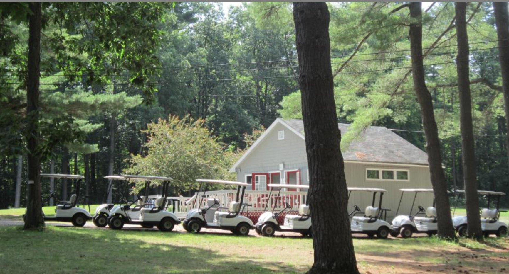 golf carts in front of golf club building