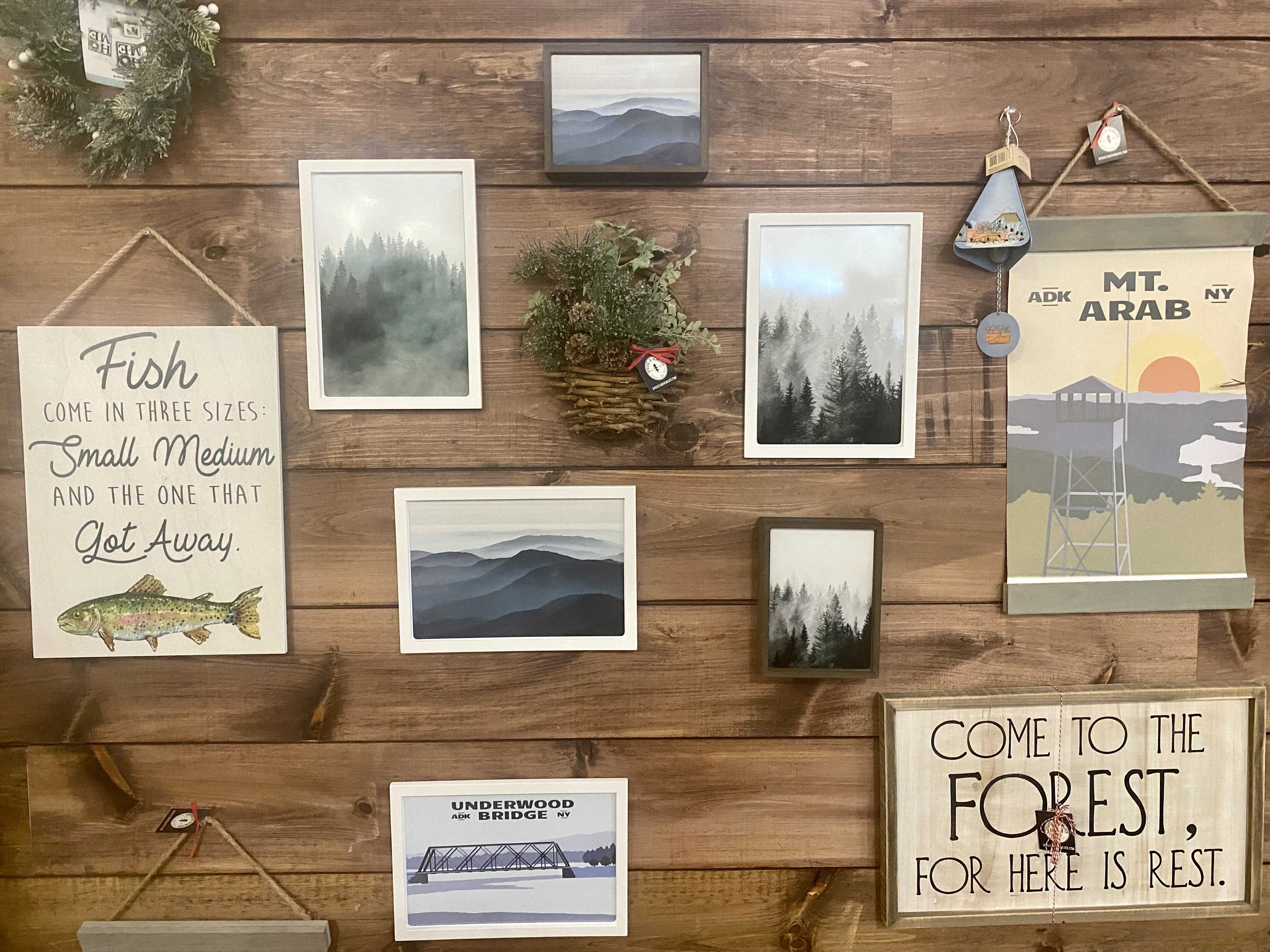 locally made art and signs on wall
