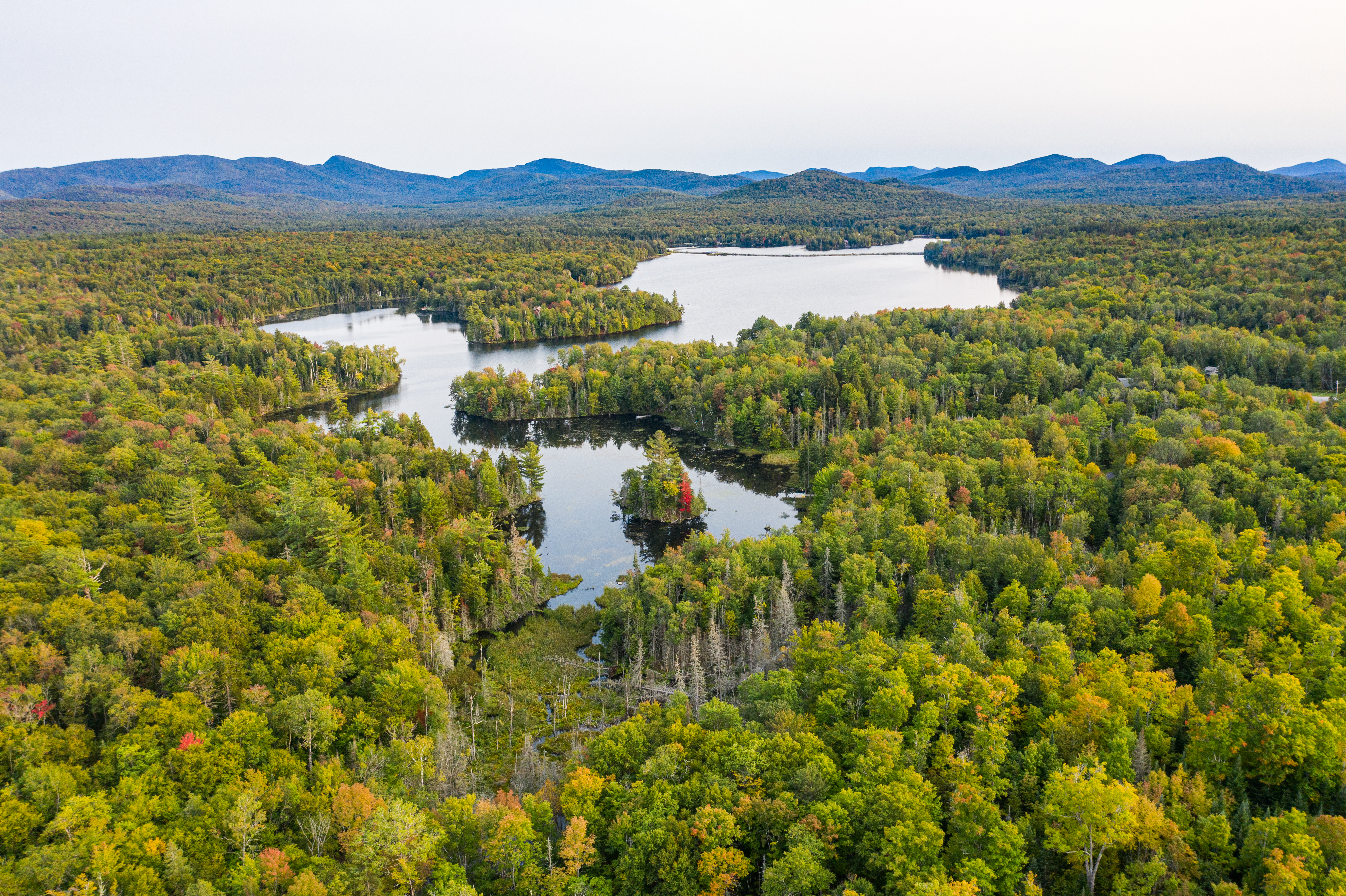 Aerial view of ponds in Indian Lake, surrounded by wilderness.