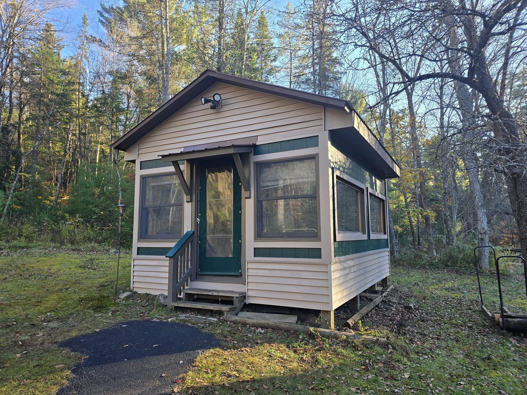 A small, cozy Adirondack cabin surrounded by trees.
