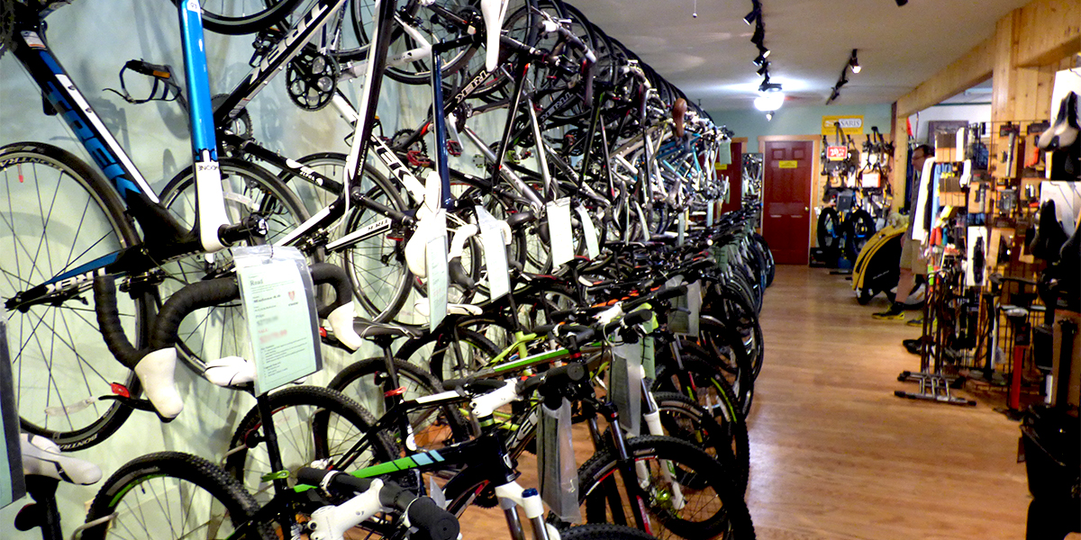 Bikes, bikes and more bikes! The bike rack at Pedals & Petals in Inlet, NY