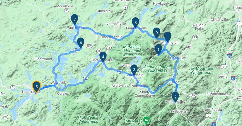 Screenshot of a map with a motorcycle route marked in blue.