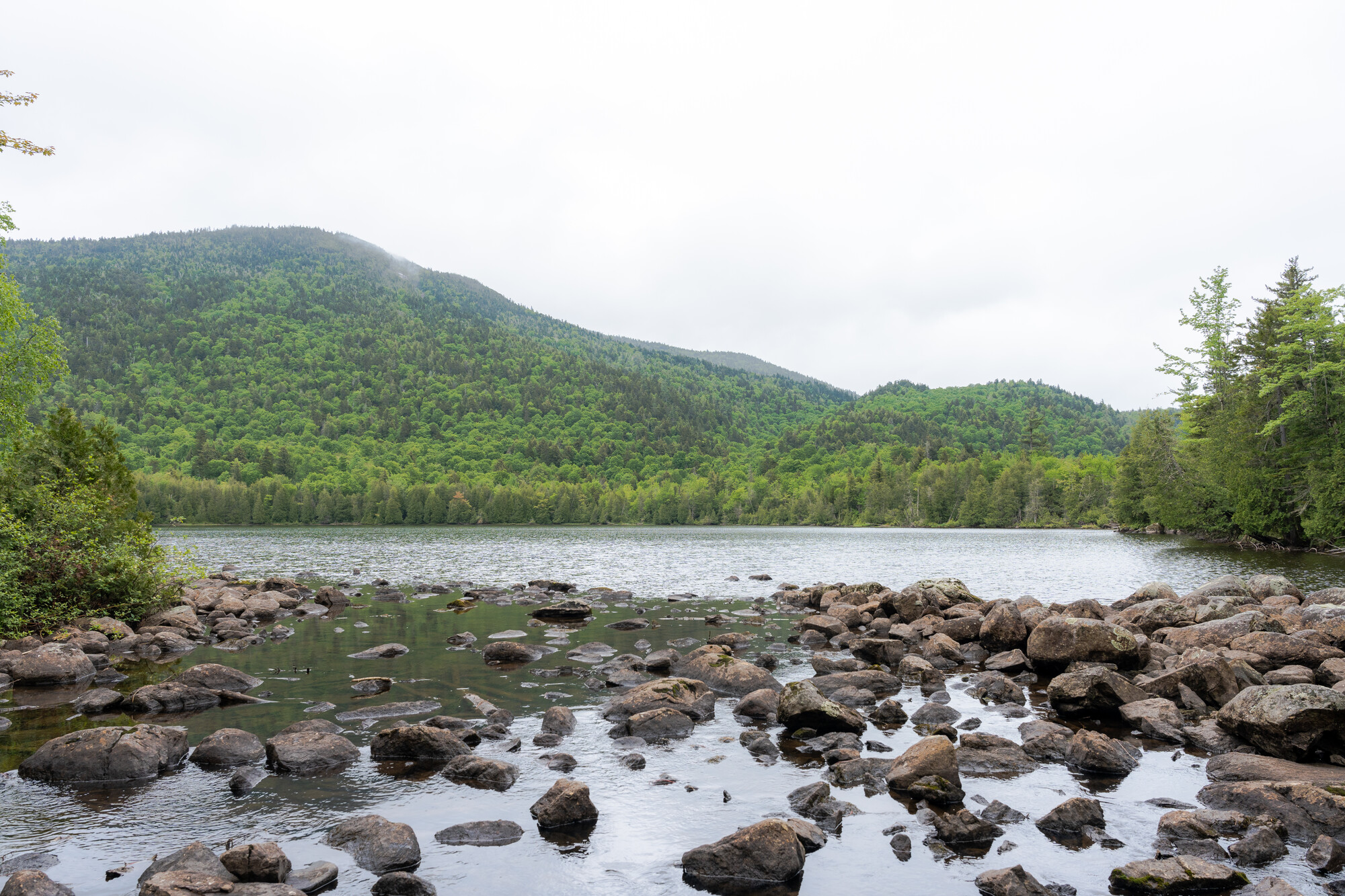 View of pond with rocky shoreline in foreground and green mountain in the background on rainy day