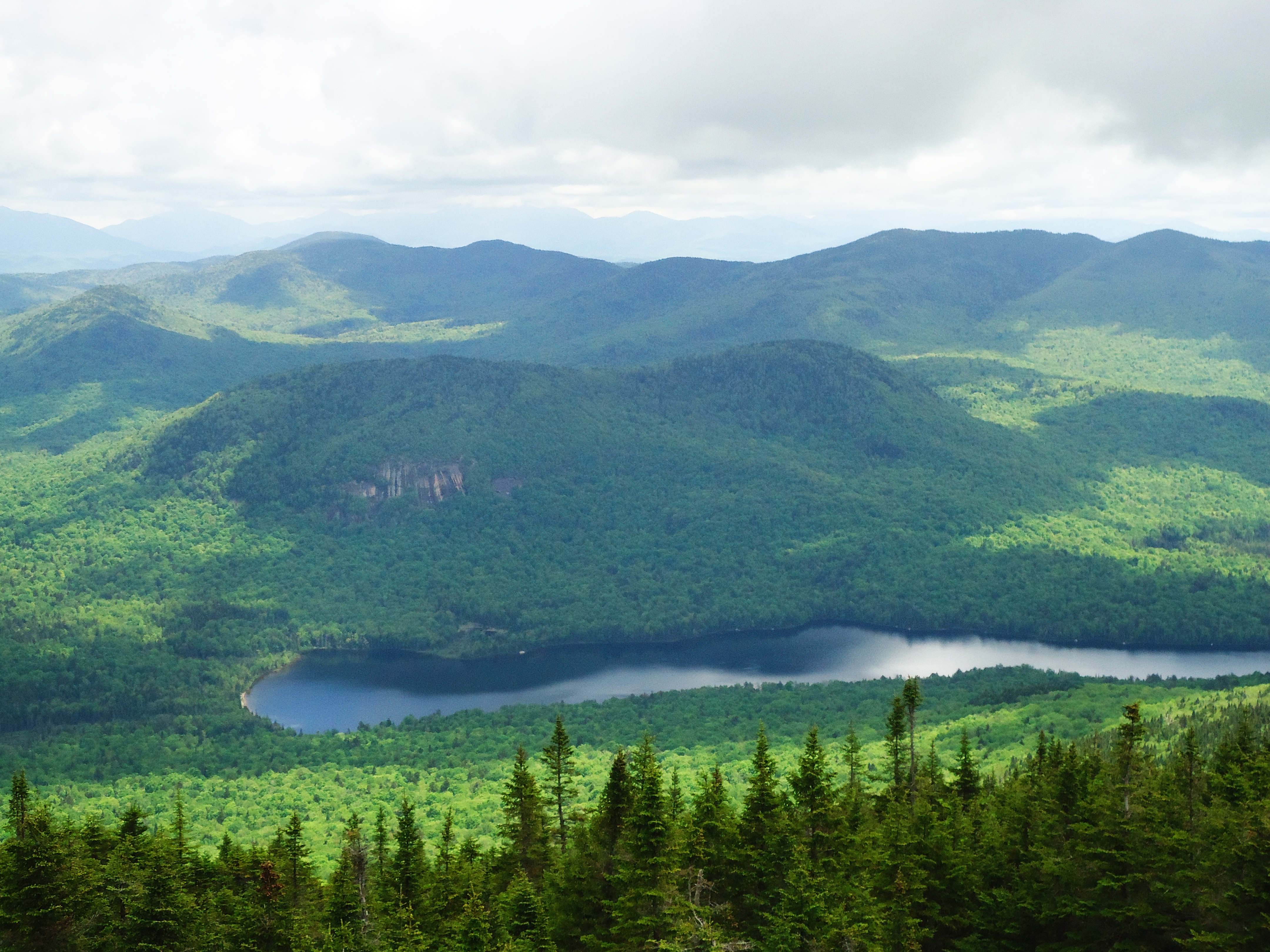 The green, summer view of Tirrell Pond looking down from the fire tower on Blue Mountain with mountains in the background.