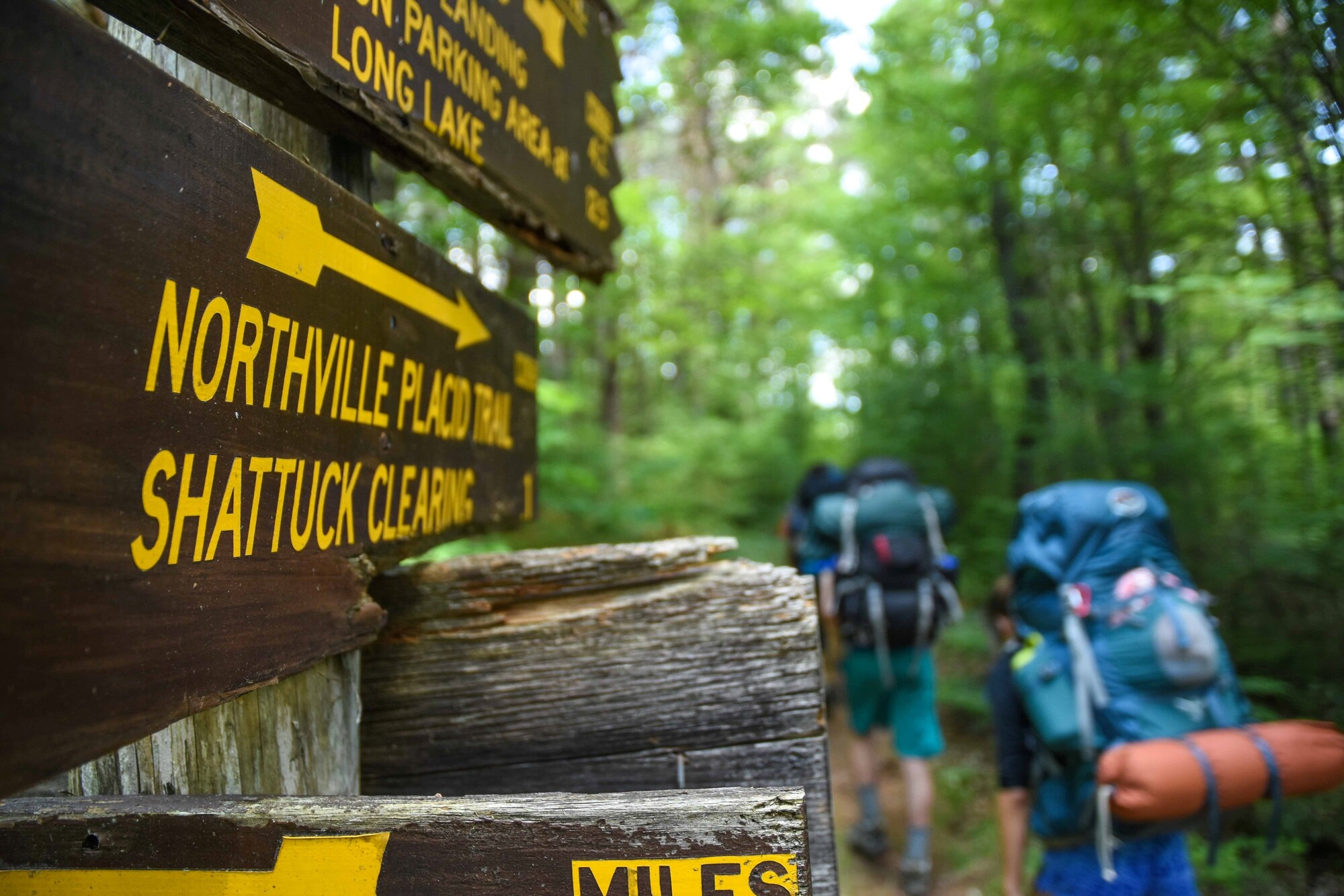 NPT Trail direction sign with two backpackers hiking on the trail