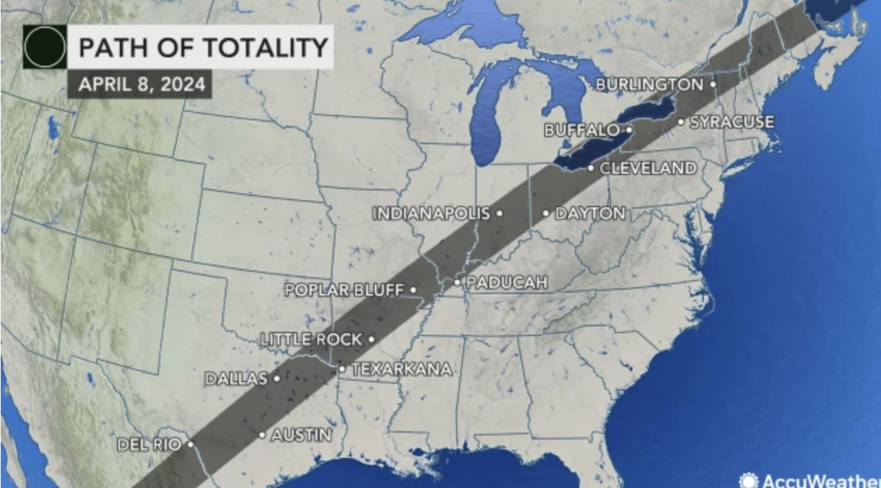 A map of a path that will experience totality of a solar eclipse, as seen in North America 