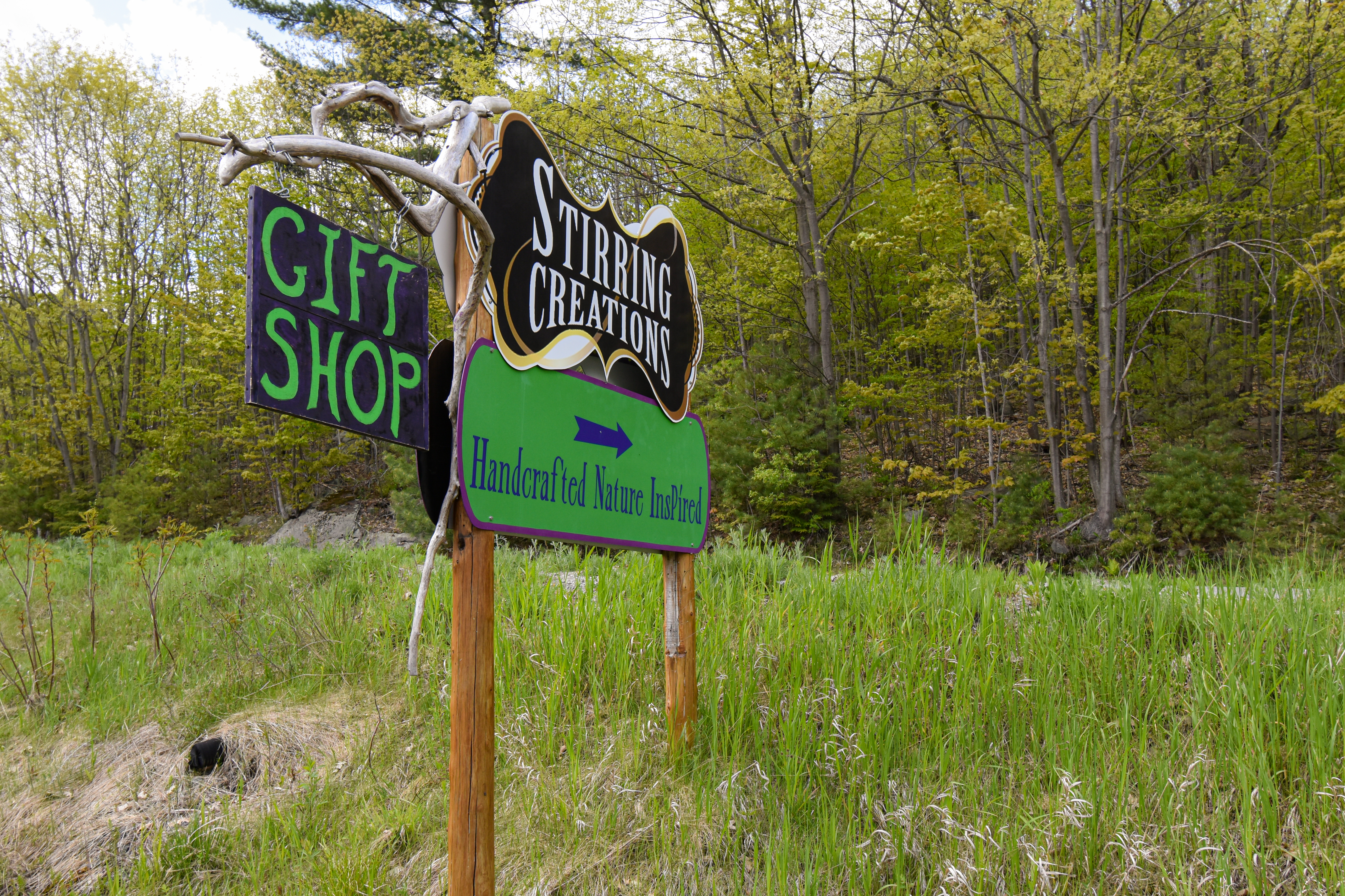 The road sign for Stirring Creations with a spring forest behind. 