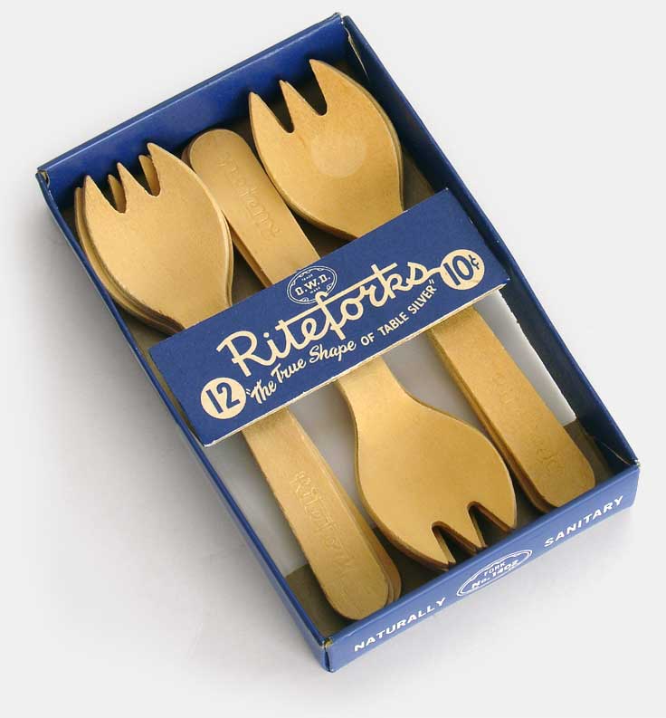 A vintage box of Riteforks, wooden spoons with tines.