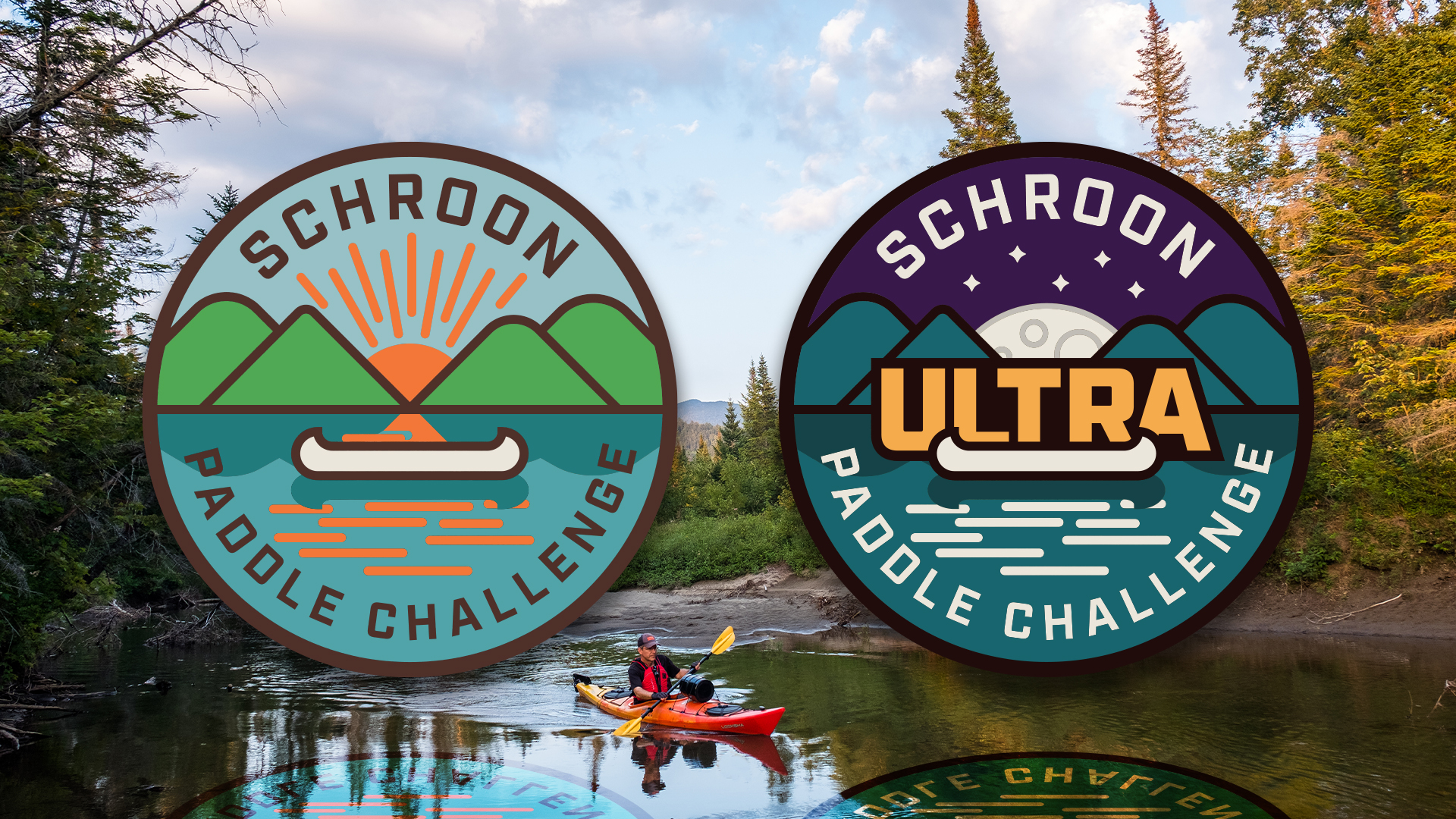 Illustrations of the patches finishers of the challenge can receive, overlaid on a photo of a man in a kayak.