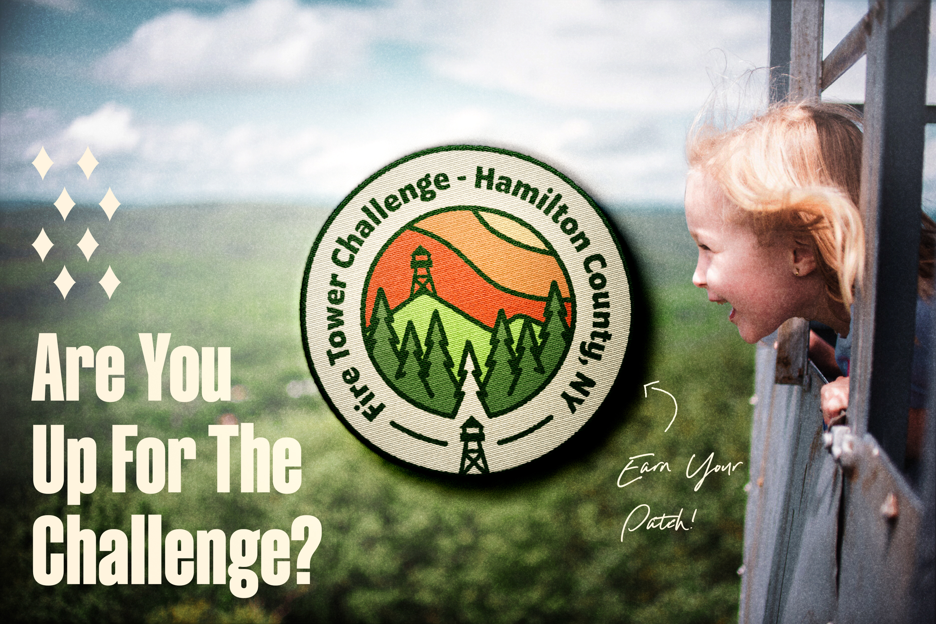A fire tower patch overlayed on a photo of a kid in a fire tower