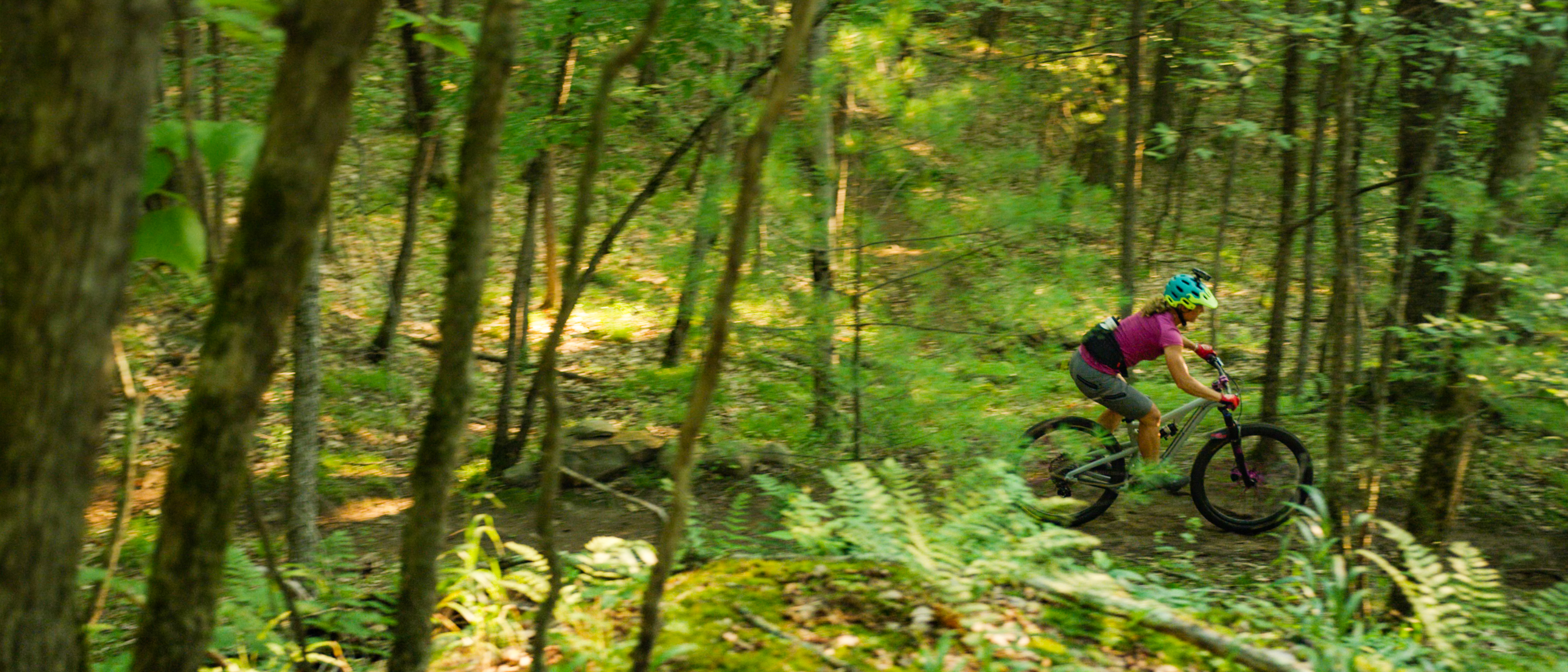 A female mountain biker in a pink shirt rides through a lush, green forest.