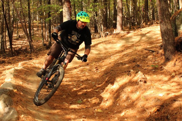 A male mountain biker at Quaker Mountain trails.
