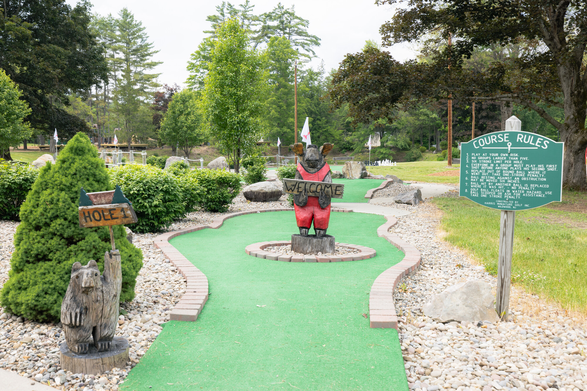 The start of an Adirondack mini golf course, surrounded by pine trees and featuring a carved bear.