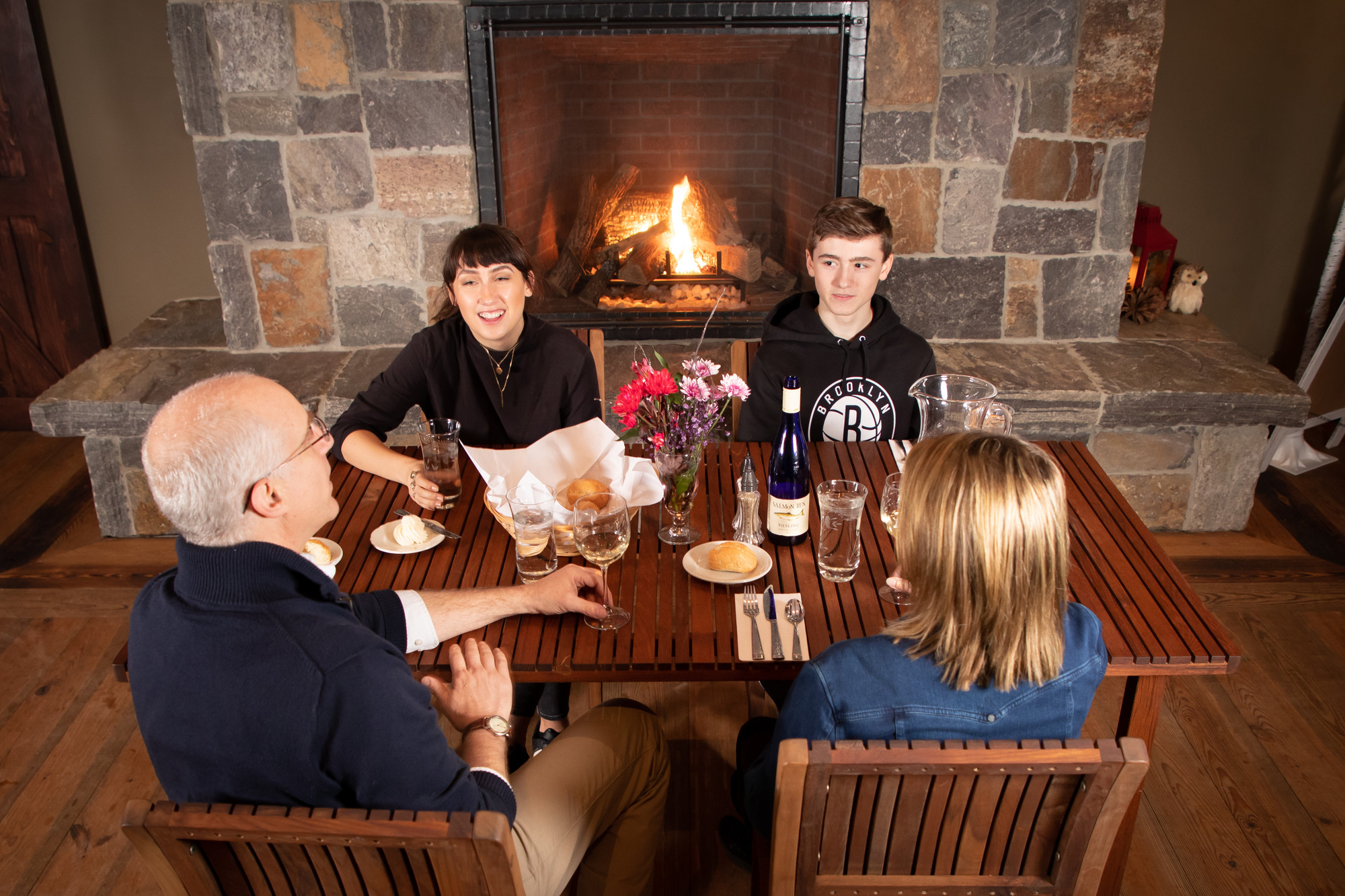 Fireside dining at Lake Harris Lodge.