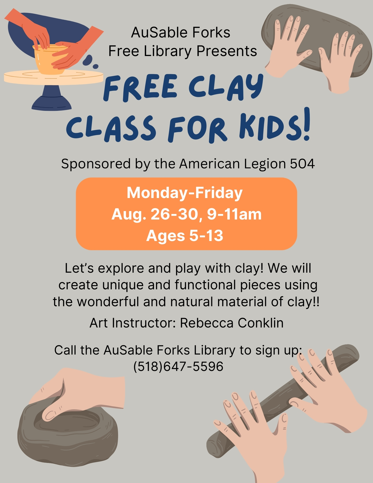 Flier for the Ausable Forks Library Free Clay class