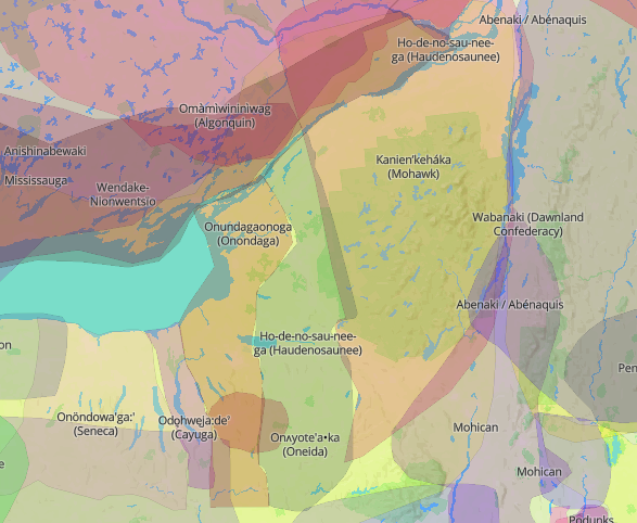 A map of New York indicating the traditional homelands of Indigenous people.