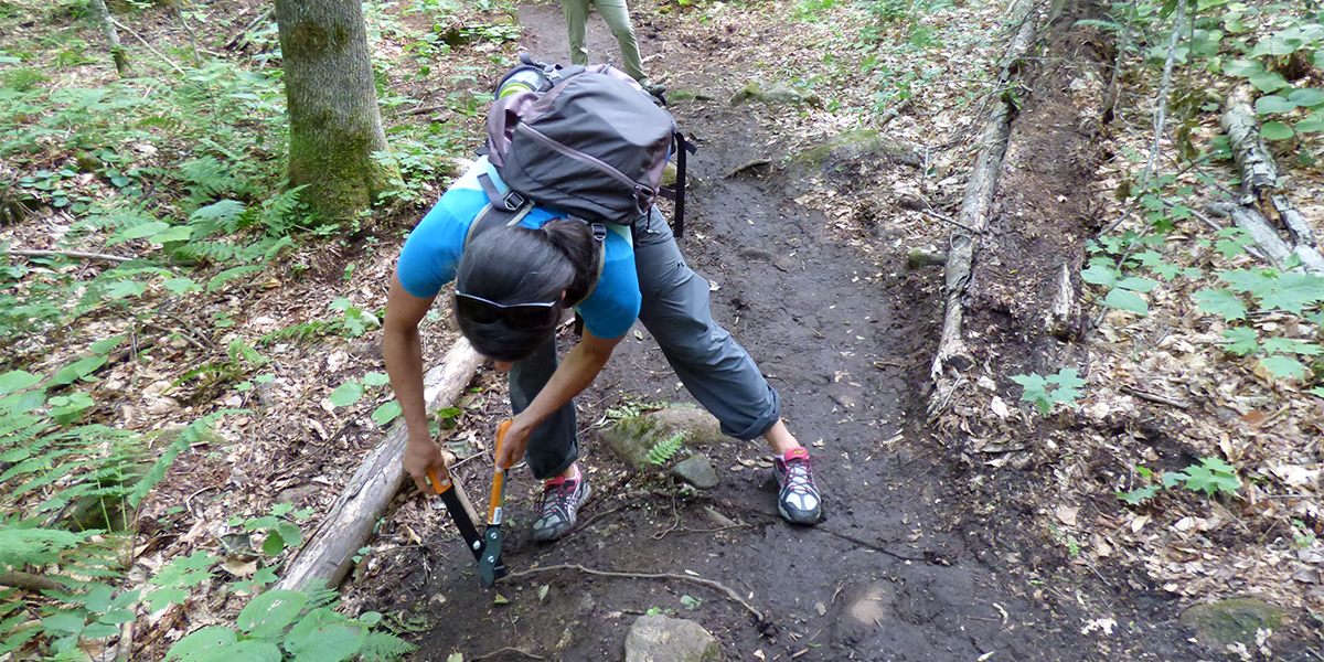 Allison trims a root that could cause a potential hazard for hikers