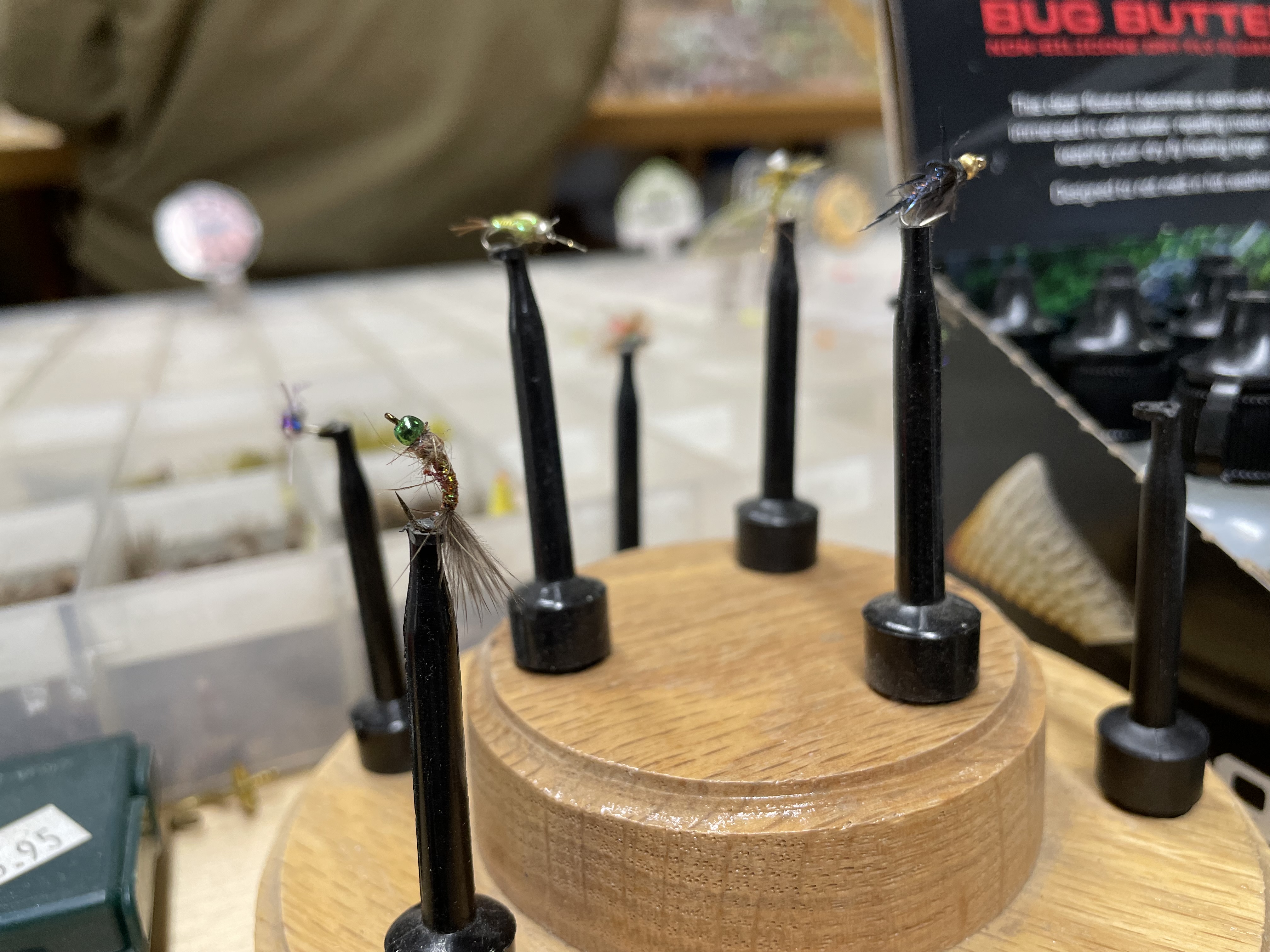 Close-up of a display of fly fishing flies.