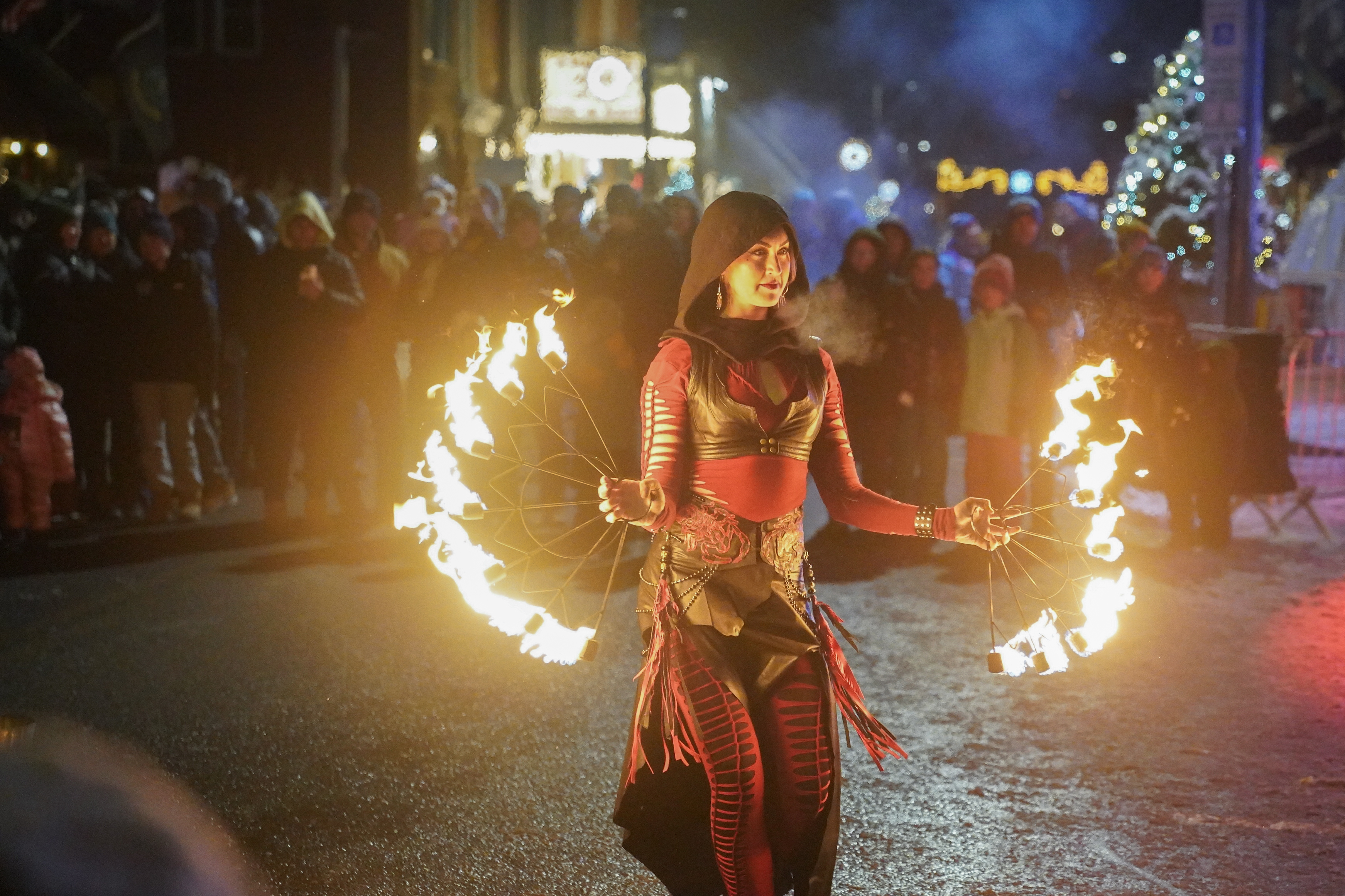 Fire Dancers at the Lake Placid 2023 FISU Game Festival on Main Street in Lake Placid