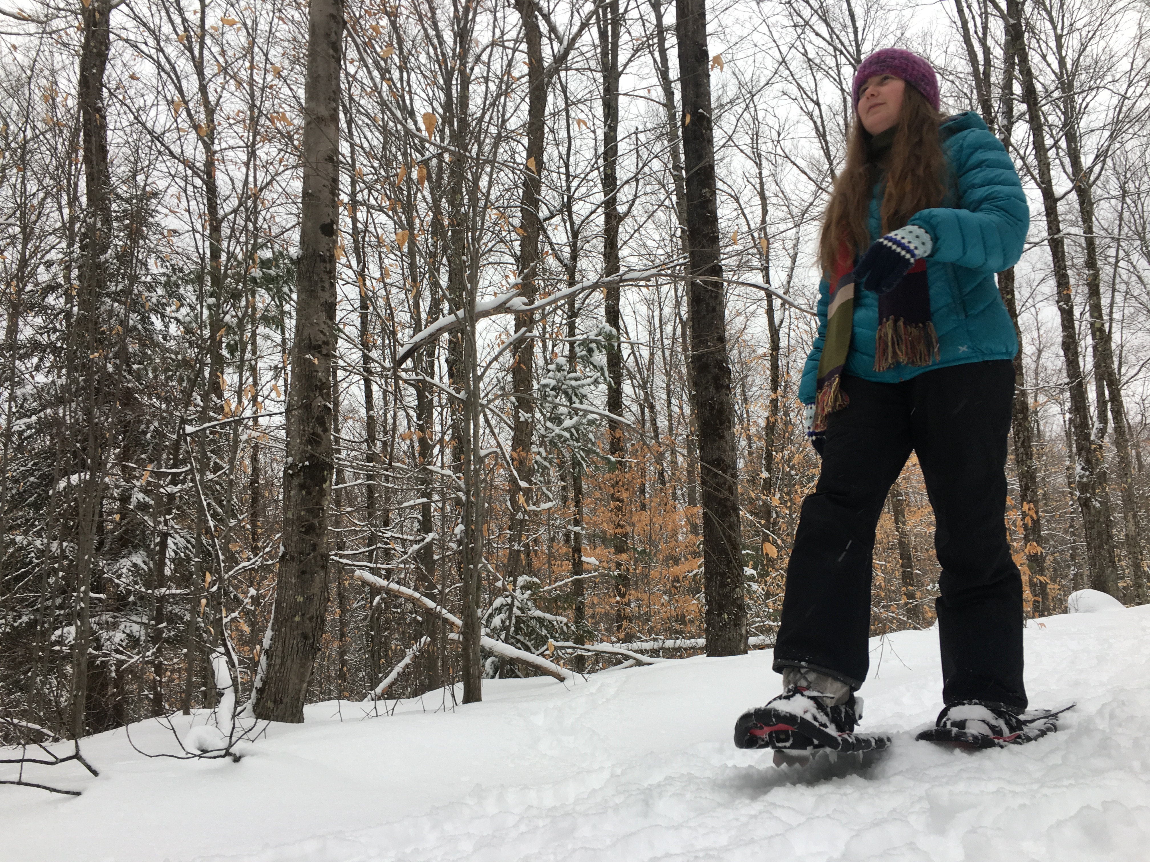 Hiking down a trail on snowshoes