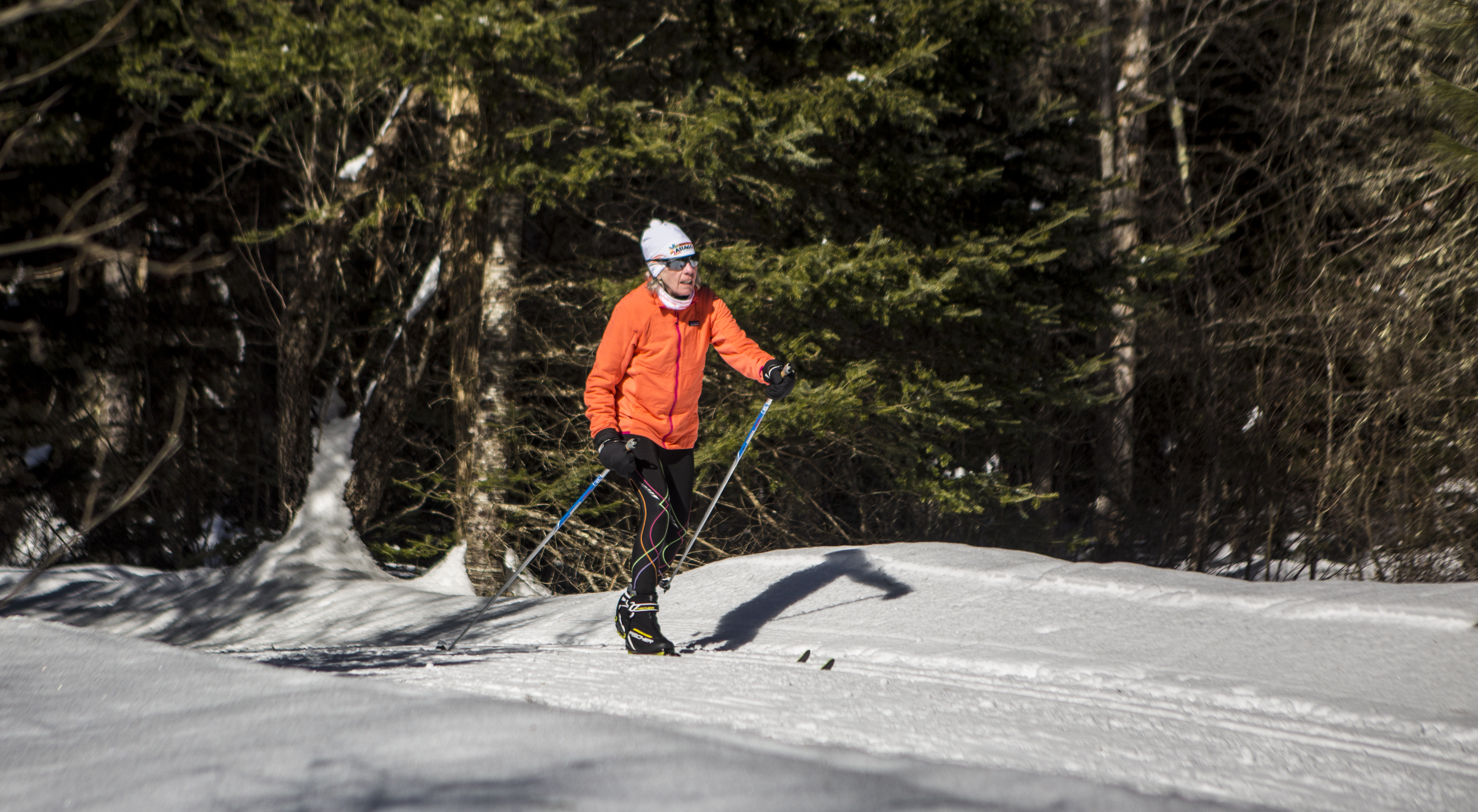 A cross country skier on a trail at Lapland Lake.